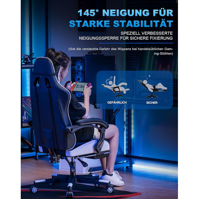 Ігрове крісло GTPLAYER, ергономічне офісне крісло з підставкою для ніг, регульованим поперековим відділом хребта та підголівником, м&39яке ігрове крісло, ігрове крісло вантажопідйомністю 150 кг, білий колір