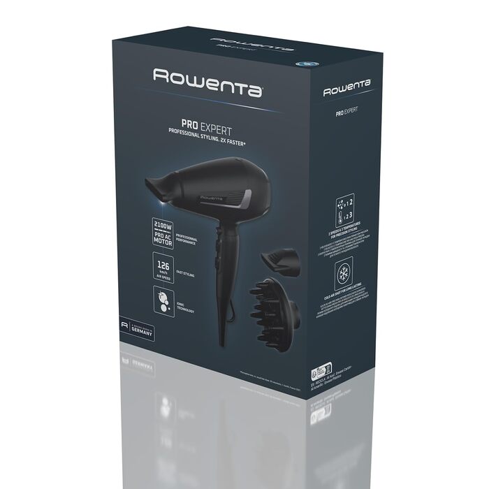 Фен для волосся Rowenta Pro Expert CV8825 швидка сушка, іонізація, легка вага, чорний/сріблястий