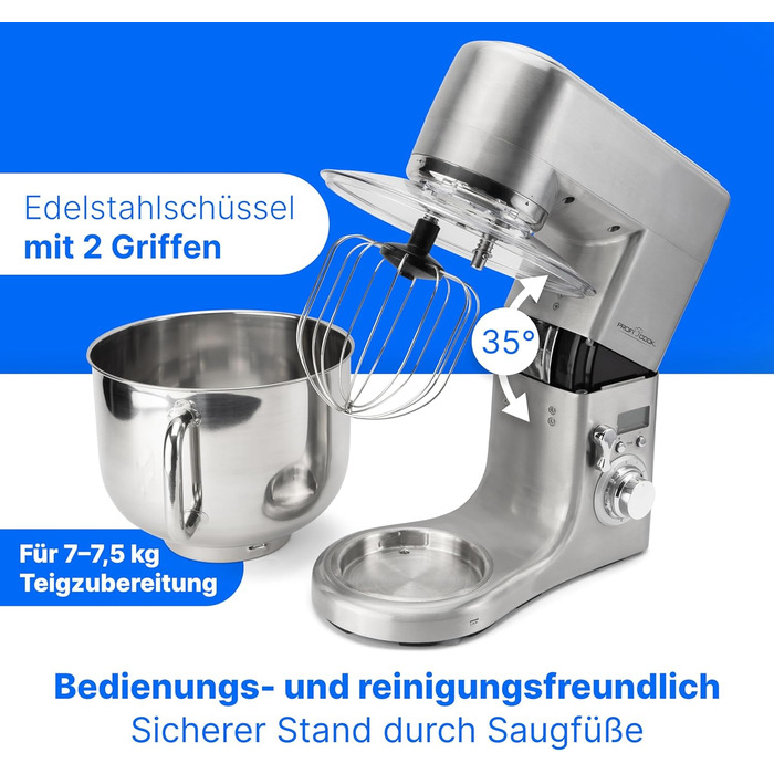 Кухонний комбайн ProfiCook з чашею з нержавіючої сталі XXXL Міксер 10 л з двигуном 1500 Вт Тістомісильна машина з гаком і віночком Машина для замішування тіста Захист від бризок з отвором для наповнення PC-KM 1096 Нержавіюча сталь 10 літрів