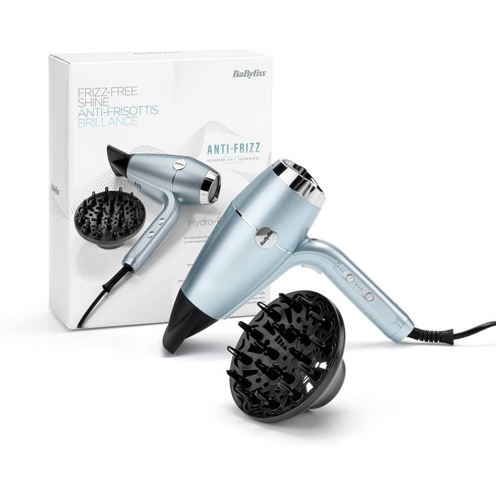 Фен BaByliss Hydro-Fusion з дифузором професійний іонний фен 2100 Вт для стайлінгу без пухнастості, плазма-технологія для блиску, легкий дизайн, 3 рівні температури та 2 режими обдуву, синій, D773DE