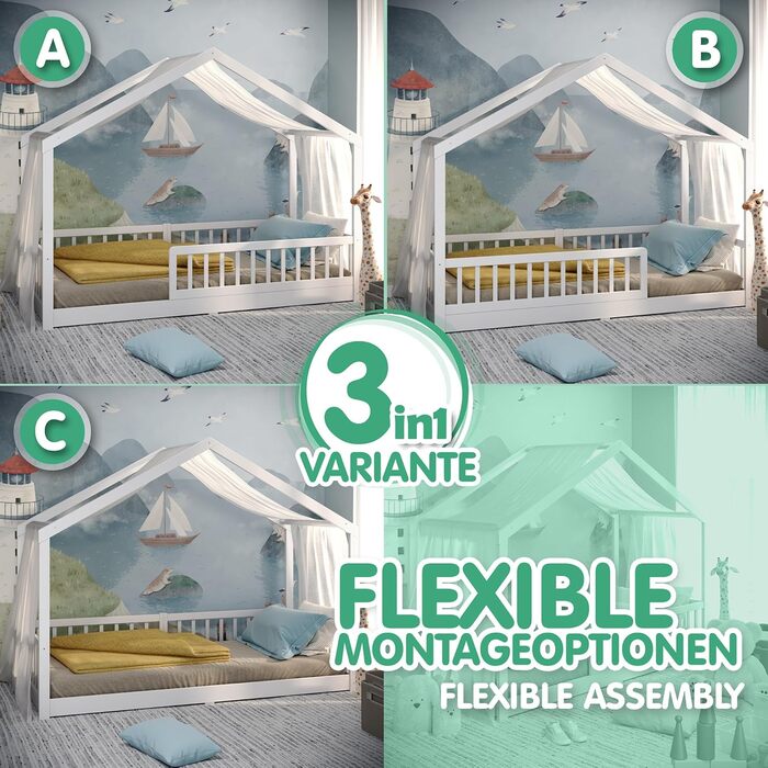 Дитяче ліжко CADANI Malte 90x200 см Ліжко-будиночок зі знімними захисними поручнями, вантажопідйомність до 200 кг, висувна рейкова основа, підлогове ліжко Монтессорі з масиву сосни, біле 90x200 см