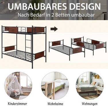 Двоярусне ліжко COSTWAY, двоярусне ліжко 2-в-1, що трансформується, з драбиною, 190 x 90 см, промислове ліжко-горище з металу, дво