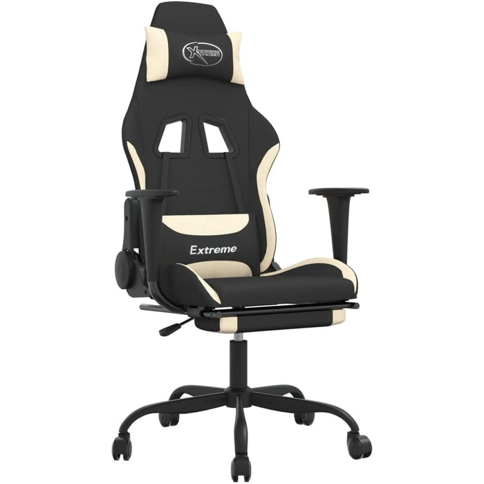 Геймерське крісло з підставкою для ніг, чорно-кремове, матеріал тканина, метал