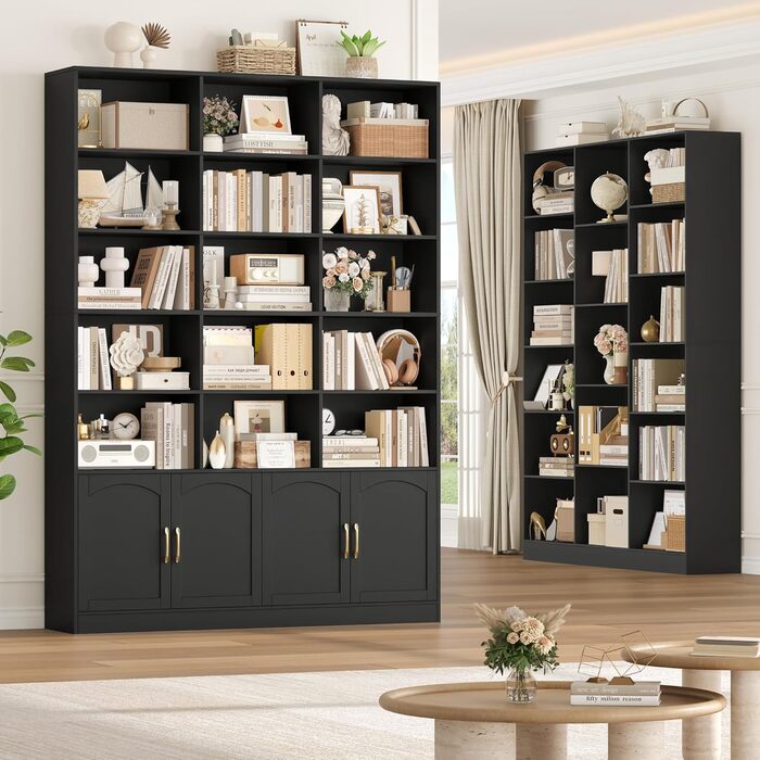 Книжкова шафа FirFurd 209 см з дверцятами, книжкова шафа з 15 відділеннями, вітрина, висока шафа, дерев&39яна багатофункціональна шафа, велика для вітальні, кабінету, кухні, 150 x 23,7 x 209 см, чорна