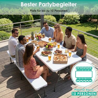 Складаний фуршетний стіл LIFERUN, водонепроникний, 180x75 см, садовий стіл зі стільницею з HDPE, складний пластиковий стіл з ручкою для перенесення, кемпінговий стіл для 10 осіб, вага до 150 кг, святковий стіл для саду, тераси, балкону, білий