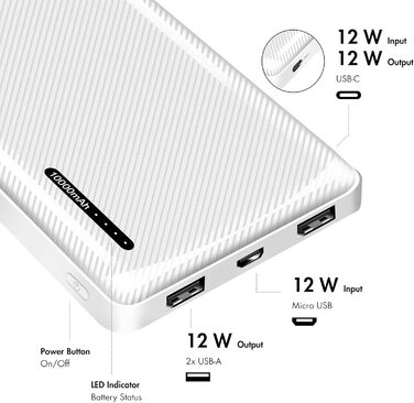 Для пристроїв) з функцією швидкої зарядки, USB-C Micro-USB (зарядка power bank), білий, 0328W - Powerbank 10000 mAh, 2 шт.