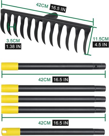 Міцний садовий грабель, 189 см, металевий грабель з 12 зубцями, вигнутий грабель з довгою ручкою для розпушування ґрунту, вирівнювання, догляду за газоном, сільського господарства, землі, чорний