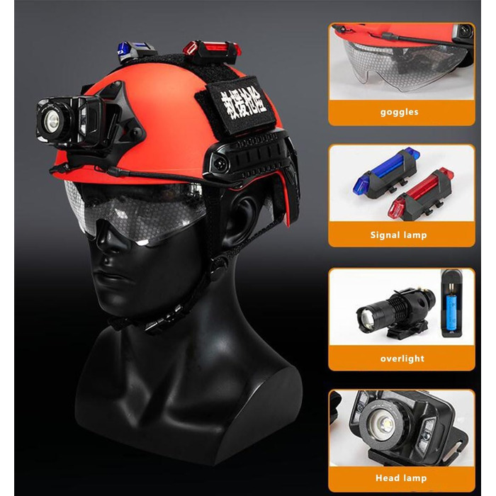 Тактичний рятувальний шолом червоного кольору із захисними окулярами та системою MOLLE, може використовуватися із сигнальними ліхтарями, прожекторами та високопродуктивними ліхтарями в тактичних іграх або рятувальних операціях.