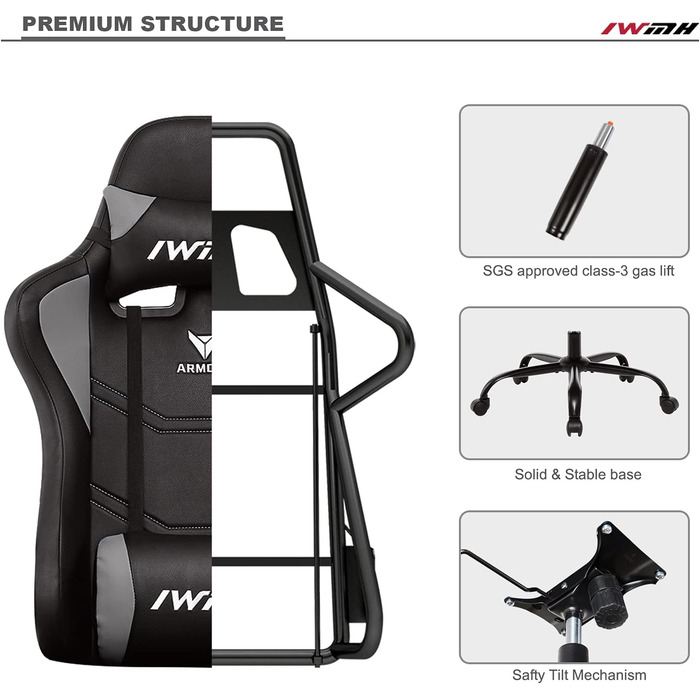 Ігрове крісло IWMH, ергономічне комп&39ютерне крісло з високою спинкою, регульоване по висоті поворотне крісло, гоночне крісло з підлокітниками, регульованим підголівником та поперековою опорою (сіре)
