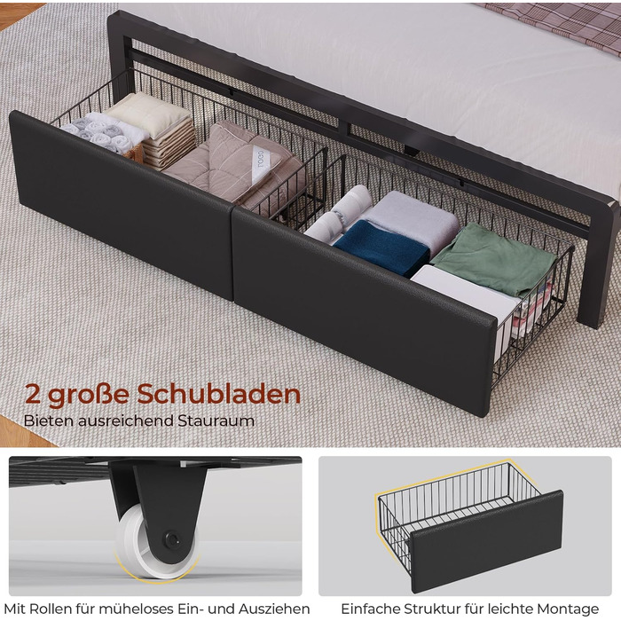 Ліжко 140x200 см, м&39яке ліжко зі світлодіодним підсвічуванням, металевий каркас ліжка, каркас ліжка з 2 шухлядами, узголів&39я з полицею та місцем для зберігання речей, розетка, двоспальне ліжко з рейковою основою, для спальні, PU чорного кольору