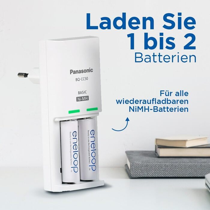 Компактний зарядний пристрій eneloop, для 1-2 нікель-металгідридних акумуляторів типу AA/AAA, час заряджання 10 годин, 9 функцій безпеки, включаючи 2 акумулятори eneloop типу AA (2000 мАг), зарядний пристрій з 2 акумуляторами eneloop типу AA