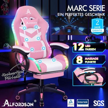 Ігрове крісло ALFORDSON, гоночне ігрове крісло зі світлодіодним RGB-підсвічуванням, масажне комп&39ютерне крісло з підставкою для ніг, ергономічне поворотне крісло з важільною спинкою, рожеве