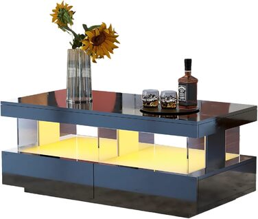 Глянцевий журнальний столик Merax зі світлодіодним підсвічуванням, сучасний стіл для вітальні з висувними ящиками для зберігання, багатофункціональний бічний столик для вітальні, прямокутний центральний стіл, столик-диван, журнальний столик, офісний, чорн