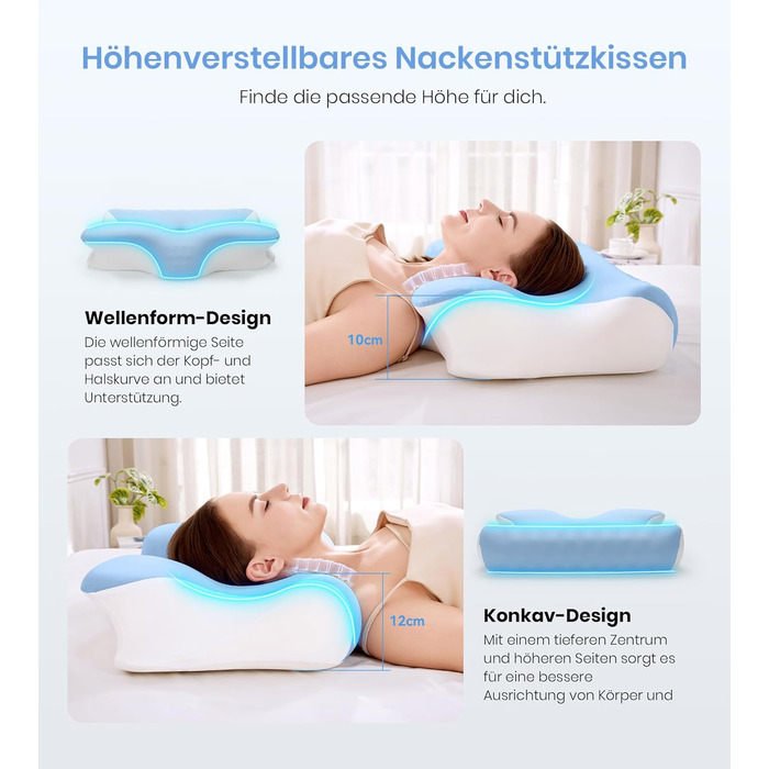 Подушка для шиї, ортопедична подушка з регульованою висотою з піни з ефектом пам&39яті, ергономічна подушка для шиї для сну на боці, спині та животі, подушка для сну на боці, 60x41,5x10/12 см, біло-синій