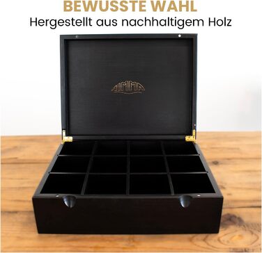 Чайні коробки NIMMA Дерев&39яна чайна коробка з магнітною застібкою Підходить для Pickwick, Lipton та інших Чорний колір Дуже великі відділення для чайних пакетиків та розсипного чаю (12 відділень)