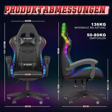 Світлодіодне ігрове крісло, ігрове крісло з мерехтливою світловою стрічкою, підголівником та поперековою опорою, регульована висота та нахил, вантажопідйомність 130 кг, ігрове крісло для ПК для ігрового офісу (чорне) Чорний колір зі світлодіодним підсвічу