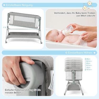 Дитяче ліжечко DREAMADE 3 в 1, дорожнє ліжечко 90 55 см з матрацом, москітною сіткою та 4 колесами, 6-рівнева регульована висота колиска з функцією відкидання, дитяча колиска для немовлят 0-6 місяців (сіра)