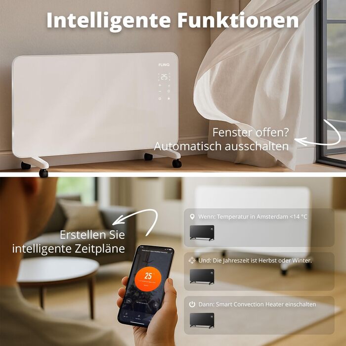 Розумний конвектор FlinQ 2000 Вт - Скляний конвектор, керування за допомогою застосунку - Обігріває до 60 м - Портативний електричний обігрівач - 96 x 46 x 13 см - Білий