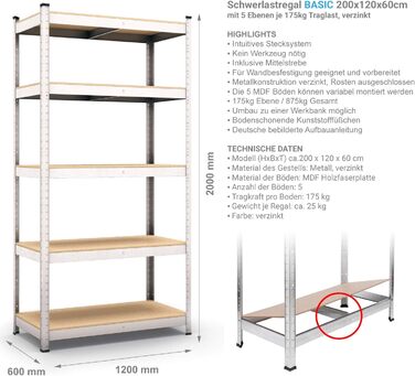 Оцинкований стелаж для зберігання Panorama24, вантажопідйомність до 875 кг - Розміри 200 x 120 x 60 см, полиця, полиця для підвалу, полиця без болтів, полиця для майстерні, полиця для важких робіт