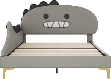 Ліжко 140x200 з рейковою основою, дитяче двоспальне ліжко, форма динозавра, каркас ліжка, молодіжне ліжко, ліжко для хлопчиків та дівчаток, ПУ, без матраца, 140 x 200 см, сірий