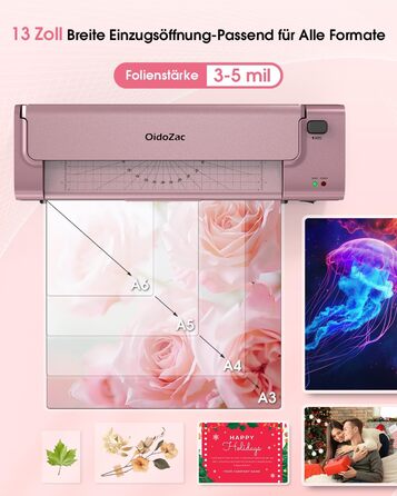 Дюймовий ламінатор A3/A4 з 20 пакетами для ламінування, гарячий та холодний ламінатор, ABS-пластик із захистом від застрягання, 10-в-1 ламінатор з різаком, тримером та закруглювачем кутів для офісу, школи та дому (шовково-червоно-сріблястий), 13-