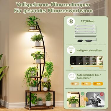 Підставка для рослин з лампою для вирощування, 7-рівнева підставка для квітів (165 см), полиця для рослин з металу та дерева з фіксуючими колесами, підставка для квітів для внутрішнього/зовнішнього використання, декоративна підставка для квітів для саду а