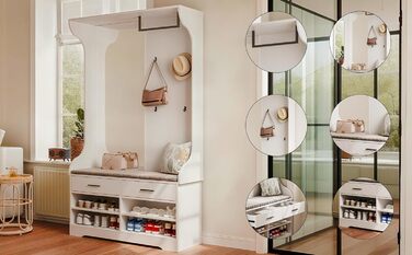 Вішалка для одягу з лавкою для взуття та дзеркалом, сучасна вішалка для одягу з гачками та підставкою для одягу, шафа для передпокою з функцією взуттєвої шафи та 2 шухлядами для вітальні (104x35x180 см)