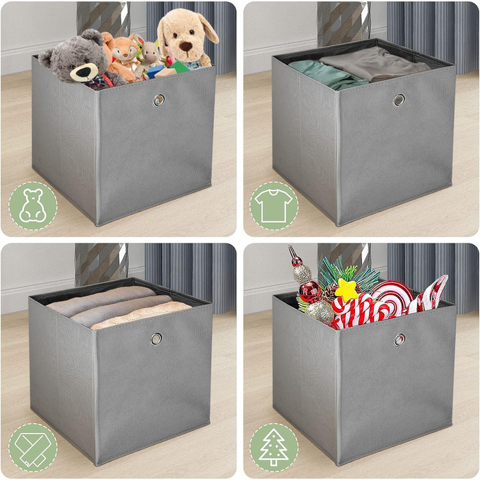 Набір складних коробок для зберігання з 6 предметів, 32x32x32 см, тканинна коробка, складна скриня, ящики з отворами для пальців, кубоподібний органайзер для іграшок для полиць Kallax, роздільник кімнати, світло-сірий, набір з 6 шт.