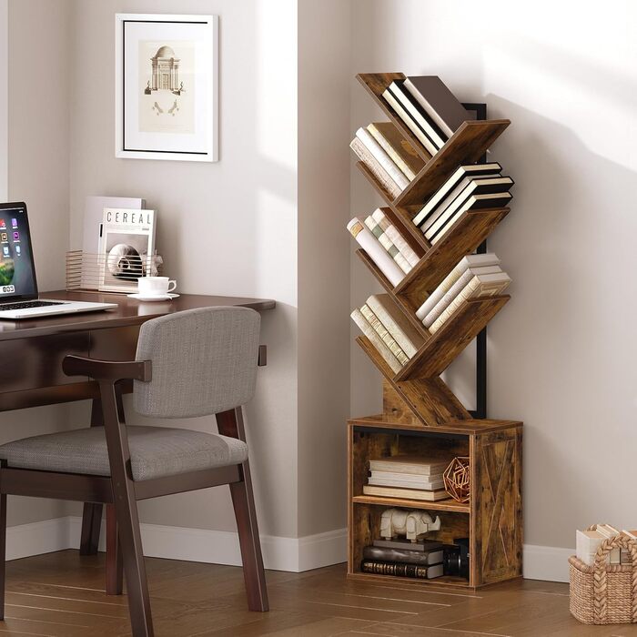 Книжкова полиця у формі дерева, 9-ярусна окремостояча полиця, стійка для CD/DVD, дерев&39яний каркас з металевим каркасом, кутова полиця, що економить місце, окремостояча книжкова вежа для вітальні, спальні, офісу, бібліотеки, вінтажний коричневий колір