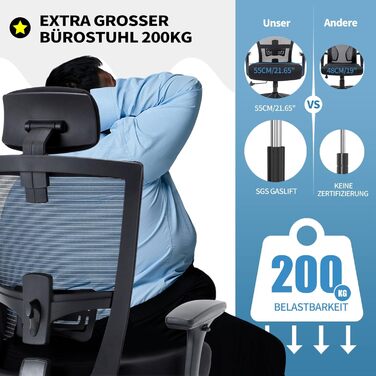 Офісний стілець Bosmiller 200 кг, ергономічний стілець XXL, обертовий стілець з 3D-підлокітниками, регульованим підголівником, крісло керівника, сітчастий офісний стілець, сірий