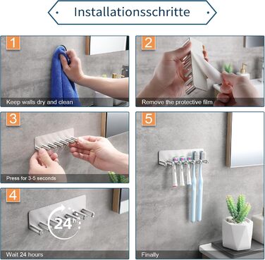 Тримач для електричної зубної щітки OETAMS без свердління, настінний тримач для зубної щітки на 6 насадок для електричних щіток, тримач для зубної щітки з нержавіючої сталі, самоклеючий тримач для головки зубної щітки, срібний
