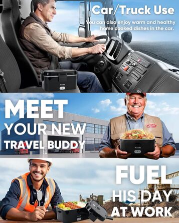 Електричний підігрівач їжі для ланчбоксу Eocolz 100 Вт, підігрівач їжі з подвійним контейнером 1,8 л, портативний підігрітий ланчбокс для автомобіля, вантажівки, роботи, виделка та ложка з нержавіючої сталі 12/24/110 В для дорослих, чорний - 1,8 л