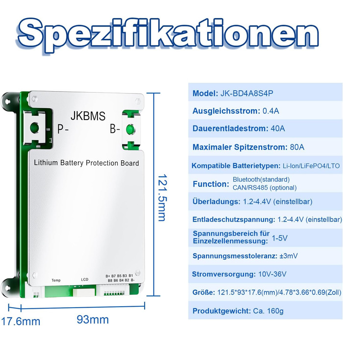 Розумна система керування будинком (BMS) 4S-8S 12V-24V 40A 0.4A з активним балансуванням, вбудованою платою захисту акумулятора Bluetooth та RS485 для літій-іонних, LiFePO4 та LTO літієвих акумуляторних блоків (JK-BD4A8S4P) Розумна система керування будин