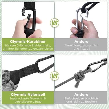 Ультралегкий гамак для подорожей Glymnis з підвісними тросами та сталевими карабінами, вантажопідйомність до 300 кг, зелено-сірий, 300x200 см