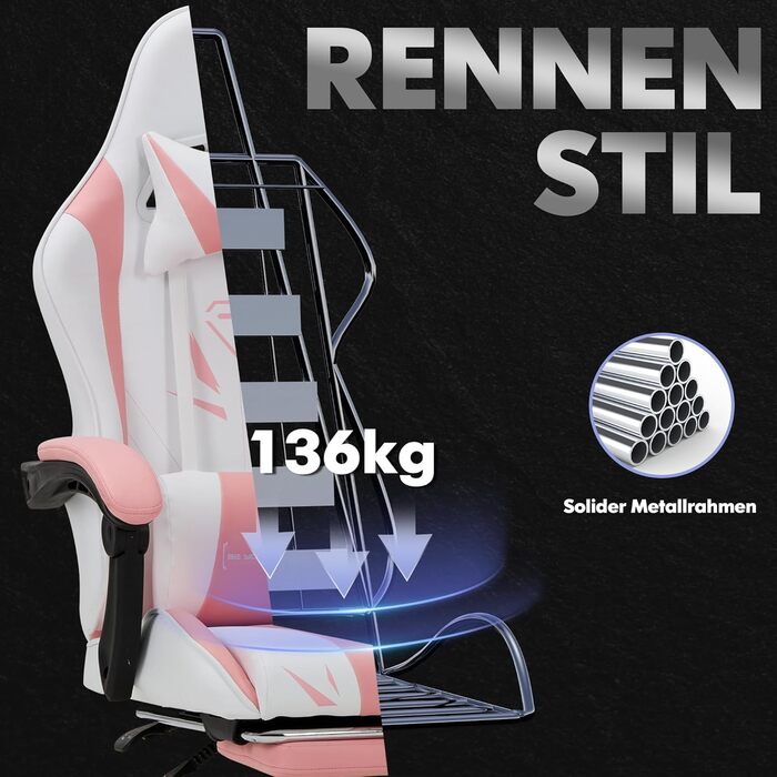 Ігрове крісло COLAMY, комп&39ютерне крісло з підставкою для ніг та поперековою опорою, регульоване по висоті ігрове крісло з поворотним на 360 сидінням та підголівником, крісло для відеогеймерів, ергономічна висока спинка, рожевий сучасний колір