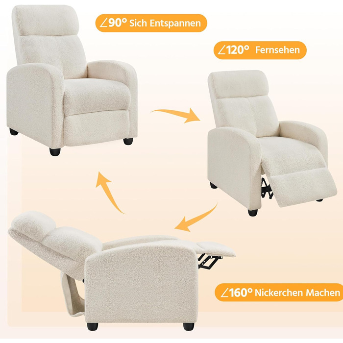 Крісло для відпочинку Yaheetech, крісло для телевізора, одномісний диван, реклайнер з регульованою підставкою для ніг, крісло для відпочинку з тканини букле, кольору слонової кістки.
