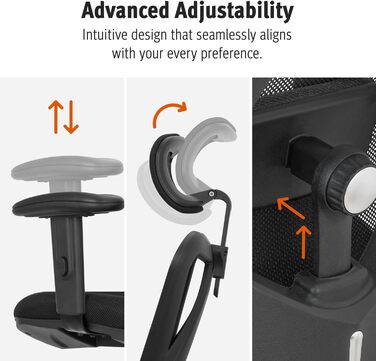 Ергономічне офісне крісло, регульоване робоче крісло з поперековою опорою та роликовими коліщатками, висока спинка, дихаюча сітчаста тканина, товста подушка сидіння, підголівник та підлокітники, чорний колір