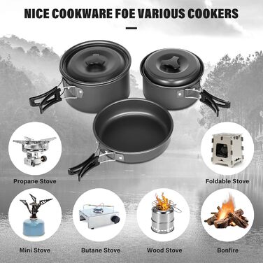 Набір посуду Lixada для кемпінгу каструля, сковорода та столові прибори для приготування їжі на 1-2 особи з сумкою для зберігання