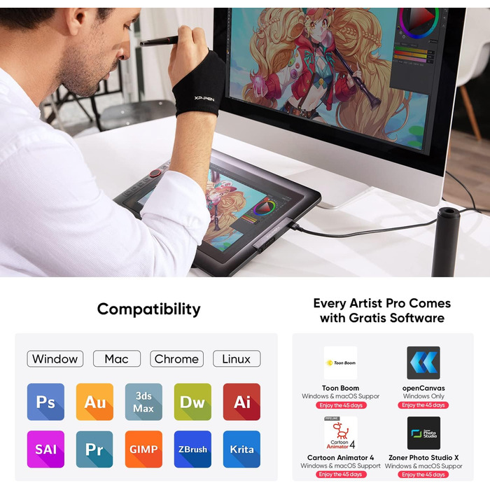 Графічний планшет XP-PEN Artist 13.3 Pro зі стилусом, 8192 шарами, планшет для малювання з дисплеєм 13,3 (13,3) 8 комбінацій клавіш - сумісний з Windows Mac
