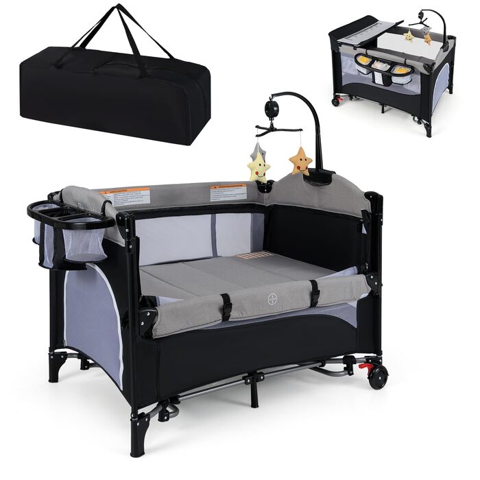 Дорожнє ліжечко з матрацом, дитяче ліжечко 5-в-1 з колесами, пеленальний килимок та музичний мобіль, дитяче ліжечко 110x76 см з сумкою для перенесення, для новонароджених та немовлят (сірий)