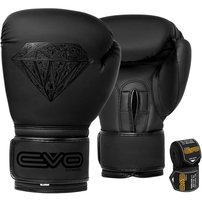 Боксерські рукавички EVO Fitness з обгортками для чоловіків та жінок, зі шкіряним Pro Gel для муай-тай, ММА, кікбоксингу, спарингу, тренувань, боксерських рукавичок, бойових мистецтв, боксерських рукавичок, боксерського мішка, 12 унцій, чорного кольору