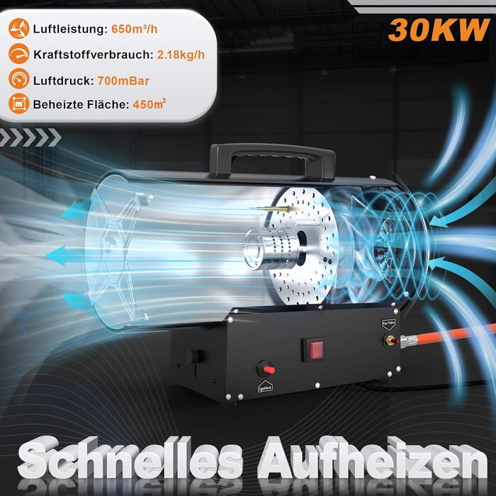Газовий обігрівач Froadp 30 кВт, чорний, газовий обігрівач для використання в приміщенні, портативний газовий обігрівач із захистом від перегріву, включаючи регулятор тиску 700 мбар та шланг 1,5 м, для будівельних майданчиків, майстерень, складів 30 кВт