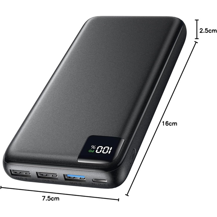 Зовнішній акумулятор Power Bank 27000mAh - SOARAISE 22,5W Powerbank PD USB C портативний зарядний пристрій з 4 виходами та світлодіодним дисплеєм для мобільного телефону, планшета чорний