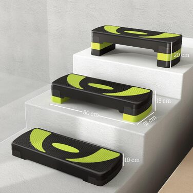 Фітнес-степер HOMCOM з регульованою висотою та протиковзкою поверхнею, 3 рівні (10/15/20 см), нековзна степ-лава для дому, тренажерного залу, офісу, пластик, чорнийзелений