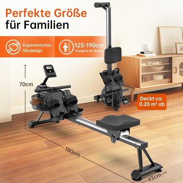 Гребний тренажер YAMO для домашнього використання, водний гребний тренажер для домашнього використання, 6-рівневе регулювання опору, підтримка Bluetooth, надзвичайно широке сидіння, вантажопідйомність до 158 кг, з тримачем для планшета YR35