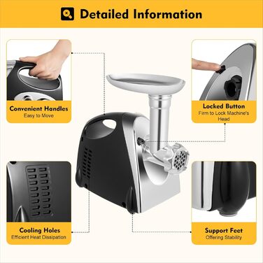 М'ясорубка електрична з нержавіючої сталі, м'ясорубка 800W 190R/m, машина для фаршу з 3 подрібнювальними пластинами і трубками для