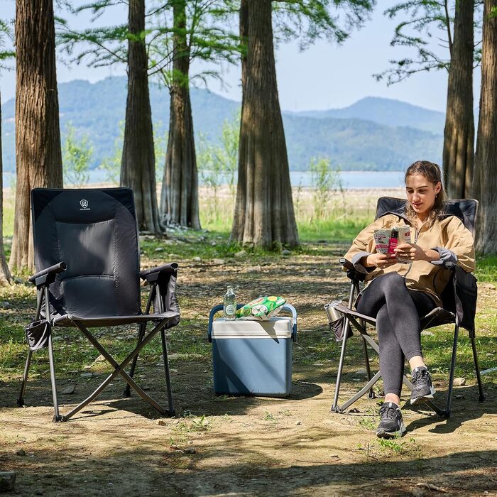 Складане кемпінгове крісло EVER ADVANCED, регульована спинка в 4 положеннях, вантажопідйомність 160 кг, розкладне кемпінгове крісло з бічною кишенею та тримачем для напоїв, рибальське крісло для кемпінгу, саду, балкону, сіре, 2 шт.