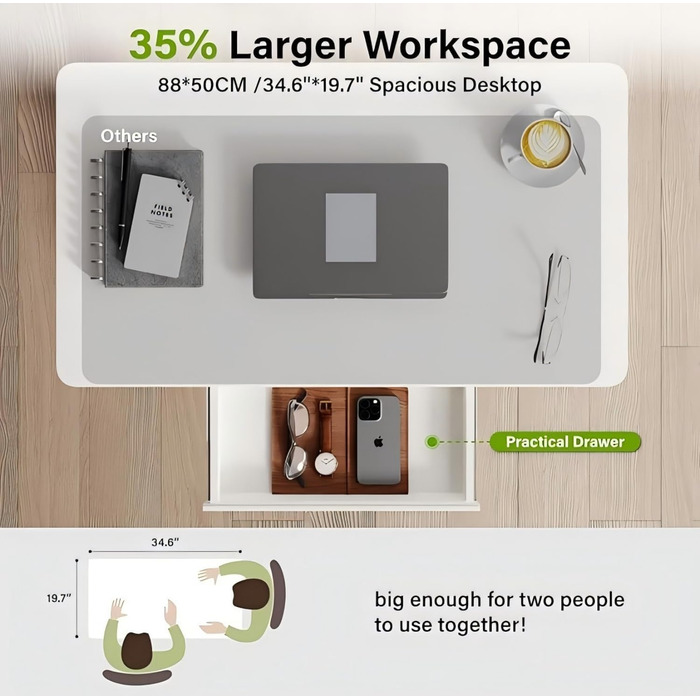 Комп&39ютерний стіл з пневматичним регулюванням висоти (88x50 см), стіл для ноутбука з колесами та шухлядою, стіл над ліжком, стіл для роботи сидячи та стоячи для офісу, вітальні, спальні, невеликих приміщень, білий