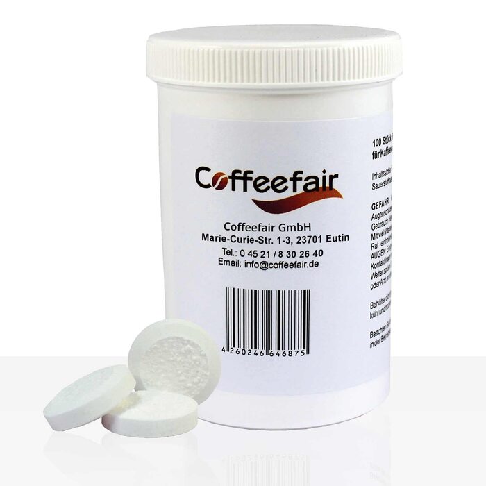 Таблетки для очищення кавомашини Coffeefair, 100 шт. х 1,6 г, універсальні, інтенсивні та безпечні для матеріалів, сумісні з Philips Saeco, Solis, Jura, WMF, Melitta, AEG, DeLonghi та ін.