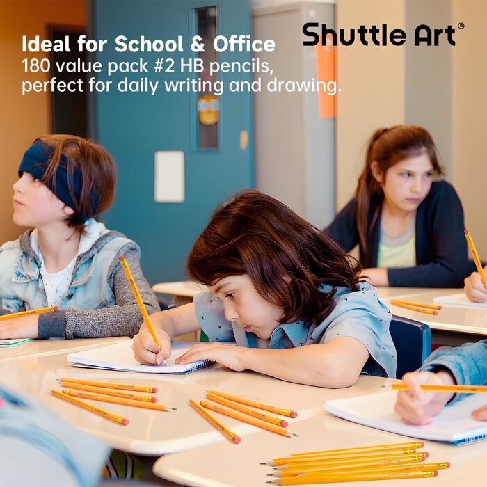 Олівці Shuttle Art HB, 180 попередньо заточених жовтих олівців з гумкою, графітові олівці в упаковці оптом, набір олівців для дітей та дорослих для письма, малювання та ескізів, 180 олівців HB